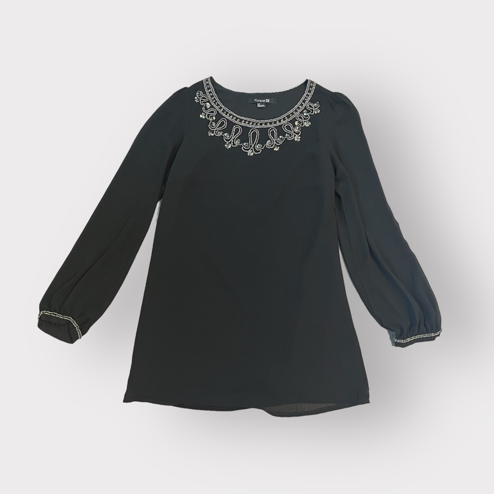 Forever 21 Black Beaded Chiffon Balloon Sleve Art Deco Tunic